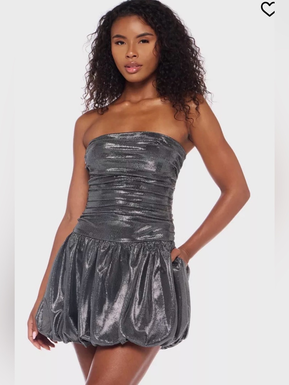 Strapless Shimmer Bubble-Hem Dress in Metallic Gray